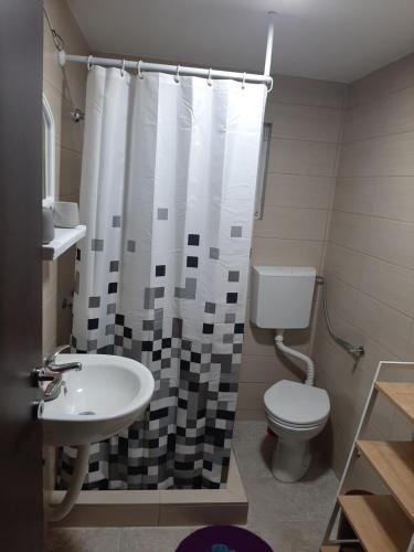 ein Badezimmer mit einem Waschbecken, einem WC und einem Duschvorhang in der Unterkunft LAF Guest House in Kolašin