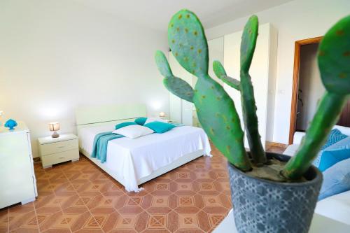 Un dormitorio con una cama y un cactus. en Casa Aurora a Otranto, en Otranto