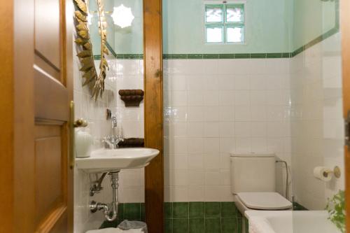 a bathroom with a sink and a toilet and a window at La Chatarrería de Ferreros in Otero de Herreros
