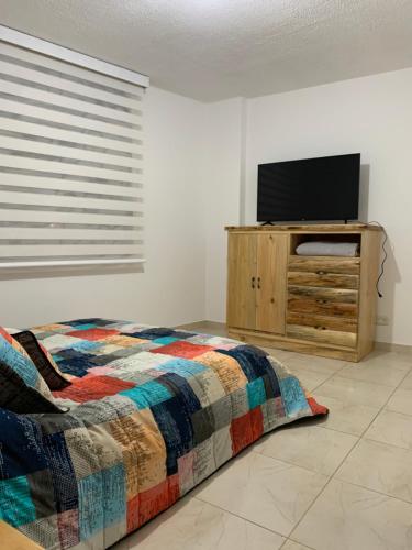 a bedroom with a bed and a flat screen tv at Bellísimos apartamentos céntricos en La Mesa in La Mesa