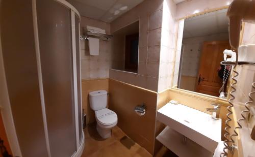 a bathroom with a toilet and a sink and a mirror at Hotel Casa Escolano in El Pueyo de Jaca