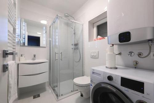 a white bathroom with a shower and a washing machine at Kuća za odmor Secret place in Lovinac