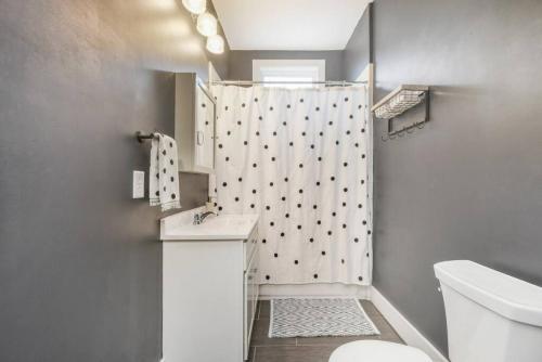 La salle de bains est pourvue d'un rideau de douche et de toilettes. dans l'établissement HostWise Stays - Chalk Art House - Chalkboard Wall, Private Parking, Patio, à Pittsburgh