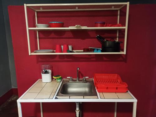 a kitchen with a sink and a red wall at Hostal Harvest House in León