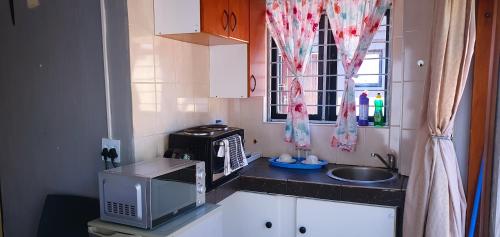 una pequeña cocina con microondas y fregadero en Sweet Home39 Guest House Summerstrand en Port Elizabeth