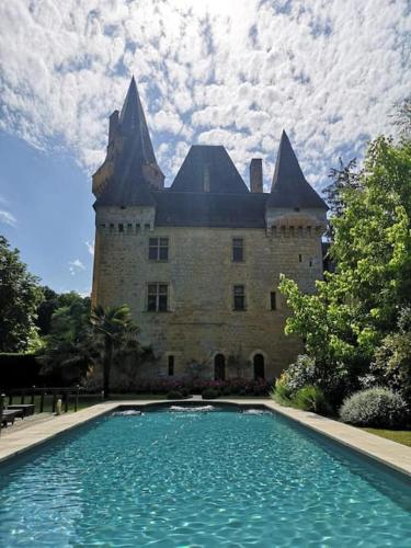 - un château avec une piscine en face dans l'établissement Château de Clérans, à Saint-Léon-sur-Vézère