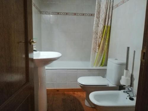 a bathroom with a toilet and a sink and a shower at Precioso triplex con jardín y Wifi Puig Falcó 1 in Pla de l'Ermita