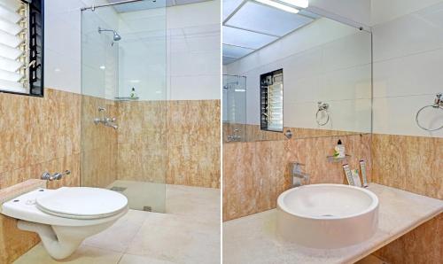 two images of a bathroom with a toilet and a sink at Hotel Madhav International Pune Railway Station in Pune