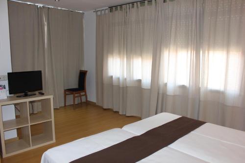 a bedroom with a bed and a tv and curtains at Hostal Falfes in Madrid