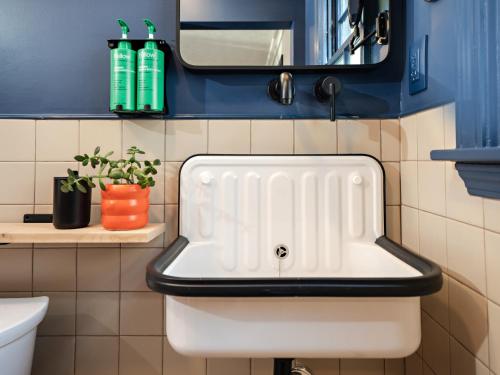 a white sink in a bathroom with blue walls at Bardstown Motor Lodge in Bardstown