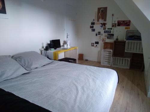 une chambre avec un lit et un bureau avec un ordinateur dans l'établissement Chambres d'hôtes Saint Quinidic, à Meros