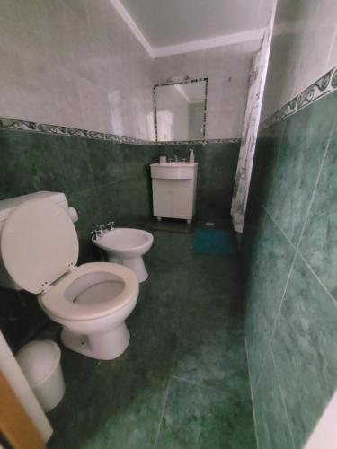 baño verde con aseo y lavamanos en Departamento Completo y muy buena ubicación en Tandil