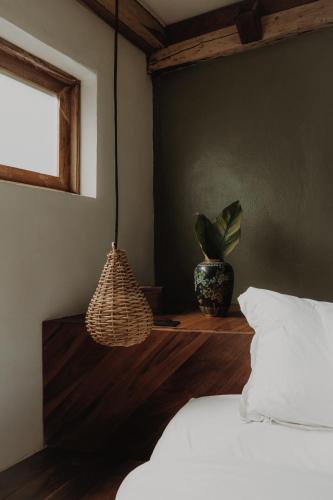 a bedroom with a bed and a potted plant at BOA BOA Bacalar in Bacalar