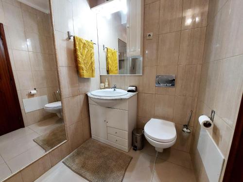 a small bathroom with a toilet and a sink at Casa da Alegria - apartamento acolhedor no centro de Olhão in Olhão