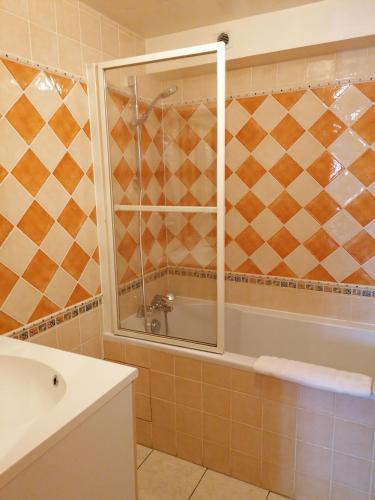 a bathroom with a shower and a tub and a sink at Hôtel Le Lievre Blanc in Vars