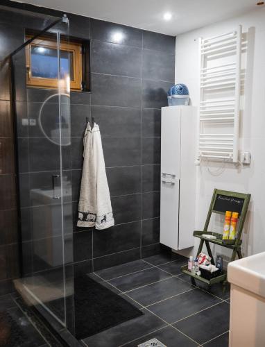 a shower with a glass door in a bathroom at Kispince Wellness Borbirtok in Böhönye