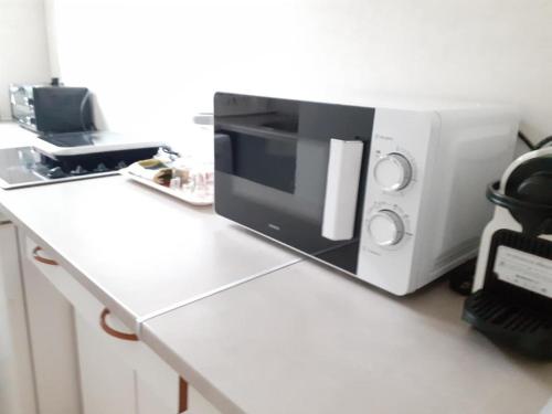 un four micro-ondes installé au-dessus d'un comptoir dans l'établissement Appartement entier proche de Paris., à Clichy