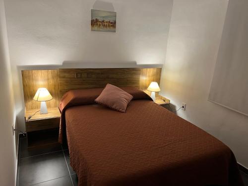 Apart del Este 4 في بايساندو: غرفة نوم مع سرير ومصباحين من الجهتين