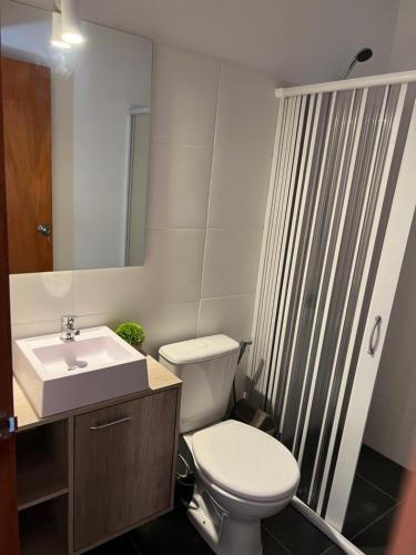 a bathroom with a white toilet and a sink at Apart del Este 4 in Paysandú