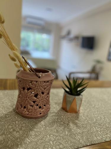 a brown vase sitting on a table with a plant at Espectacular departamento en pleno centro in Resistencia