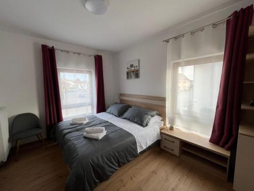 een slaapkamer met een bed en een raam met rode gordijnen bij Stanjkov smještaj in Donji Kraljevec