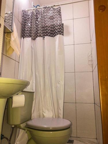 a bathroom with a green toilet and a shower at Hospê Da Lita in Cunha