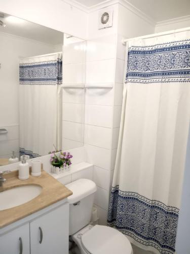 a bathroom with a toilet and a sink and a shower at La Serena Sol y Mar in La Serena