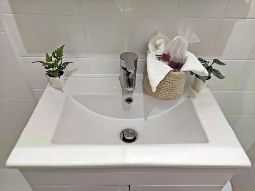 a white sink with plants on top of it at Apartment Blätterwald in Bad Sachsa