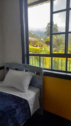 Bett in einem Zimmer mit einem großen Fenster in der Unterkunft Finca Cardonales in Salento