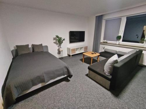 una camera con letto, divano e TV di Apartment Blätterwald a Bad Sachsa