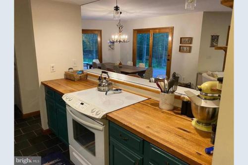 a kitchen with green cabinets and a counter top at Spacious Pocono Getaway - Castle Blackberry in Jim Thorpe