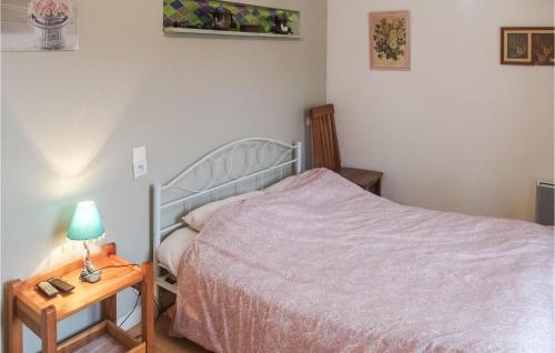 um quarto com uma cama e uma mesa com um candeeiro em Cozy Home In Doussard With House A Mountain View em Doussard