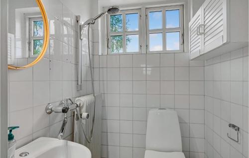 a white bathroom with a toilet and a sink at Nice Home In Kvrndrup With 6 Bedrooms And Wifi in Kværndrup