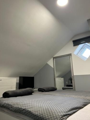 a bedroom with a bed and a mirror at Sobe “Stari Grad-Samobor” in Samobor