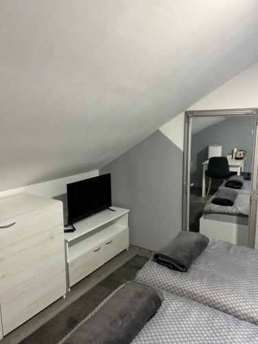 a bedroom with a bed and a tv and a mirror at Sobe “Stari Grad-Samobor” in Samobor