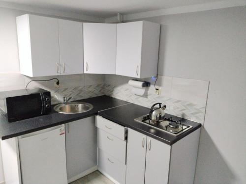 eine kleine Küche mit weißen Schränken und einem Waschbecken in der Unterkunft Agroturystyka u Marcelki in Hoczew