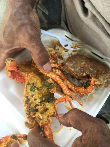 a person eating a plate of food with crabs on it at Casa-cabaña Jefe Indio /Playa Cacique in Cacique