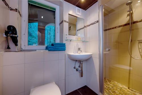 a bathroom with a sink and a toilet and a shower at Energiepension Schwaiger in Leogang
