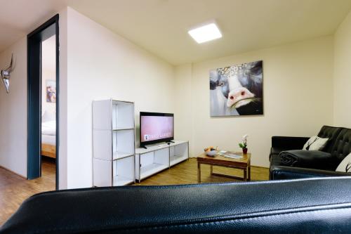 a living room with a couch and a television at Apartmenthotel Oberstdorf in Oberstdorf