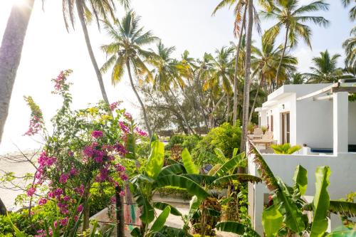 a garden in front of a white house with palm trees at Surfescape Zanzibar in Kiwengwa