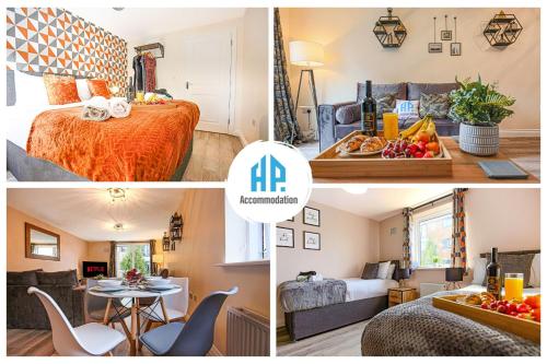 a collage of pictures of a living room and a bedroom at Stylish Two Bedroom, Two Bathroom Apartment with Free Parking, WiFi & Sky TV in Milton Keynes by HP Accommodation in Milton Keynes