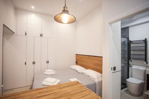 Habitación pequeña con cama y aseo en CC Atocha Apartments en Madrid