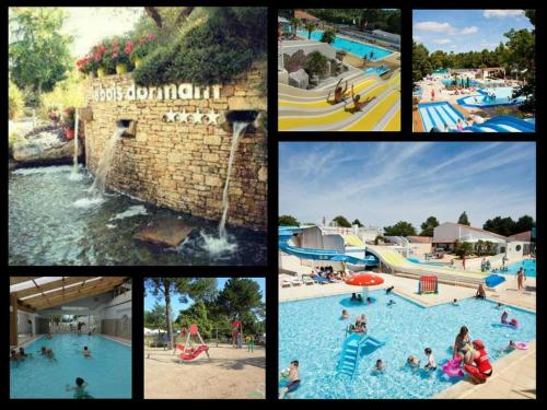 un collage de fotos de una piscina en mh 4 chambres au calme Bois Dormant, en Saint-Jean-de-Monts
