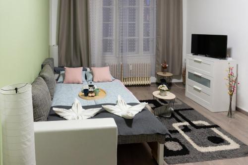 ein Wohnzimmer mit einem Sofa und einem TV in der Unterkunft Wanderer 3 in Debrecen