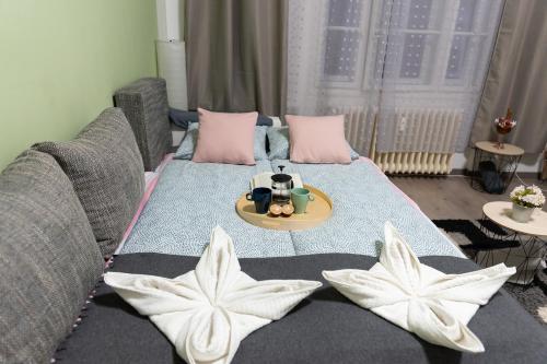 a room with a couch and a table with a tray on it at Wanderer 3 in Debrecen