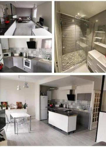 two pictures of a kitchen with a sink and a refrigerator at Appartement St-Thomas Zola in Reims