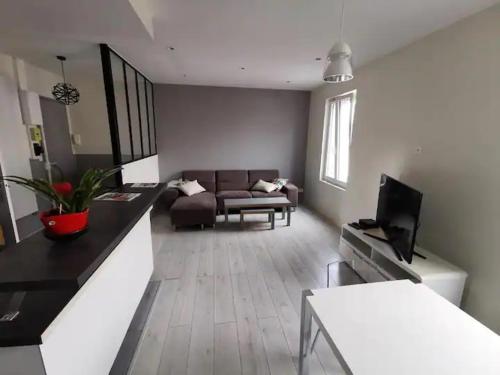 a living room with a couch and a television at Appartement St-Thomas Zola in Reims