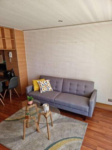 ein Wohnzimmer mit einem Sofa und einem Tisch in der Unterkunft Dpto Metro Pedro de Valdivia, Costanera Center in Santiago