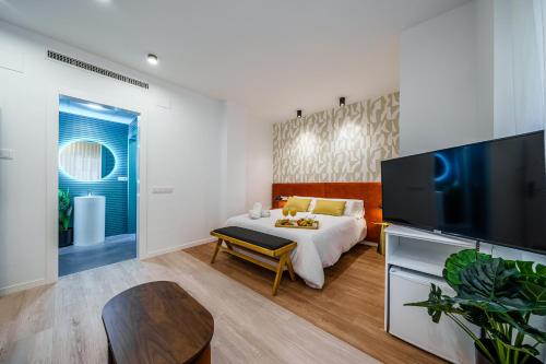 a bedroom with a bed and a flat screen tv at SUNSET MALAGA Exclusive Alameda in Málaga