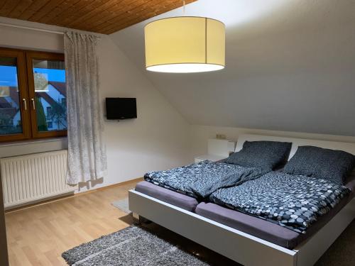 um quarto com uma cama e uma grande janela em Auszeit am Federsee em Bad Buchau